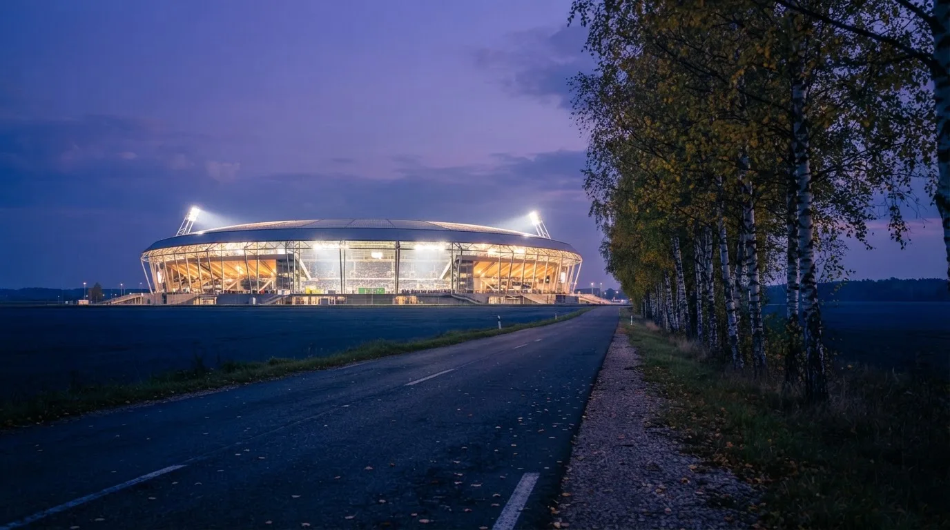 Ein großes Stadion unter Flutlicht aus weiter Entfernung gesehen, davor eine dunkle Landstraße und ein paar Bäume.