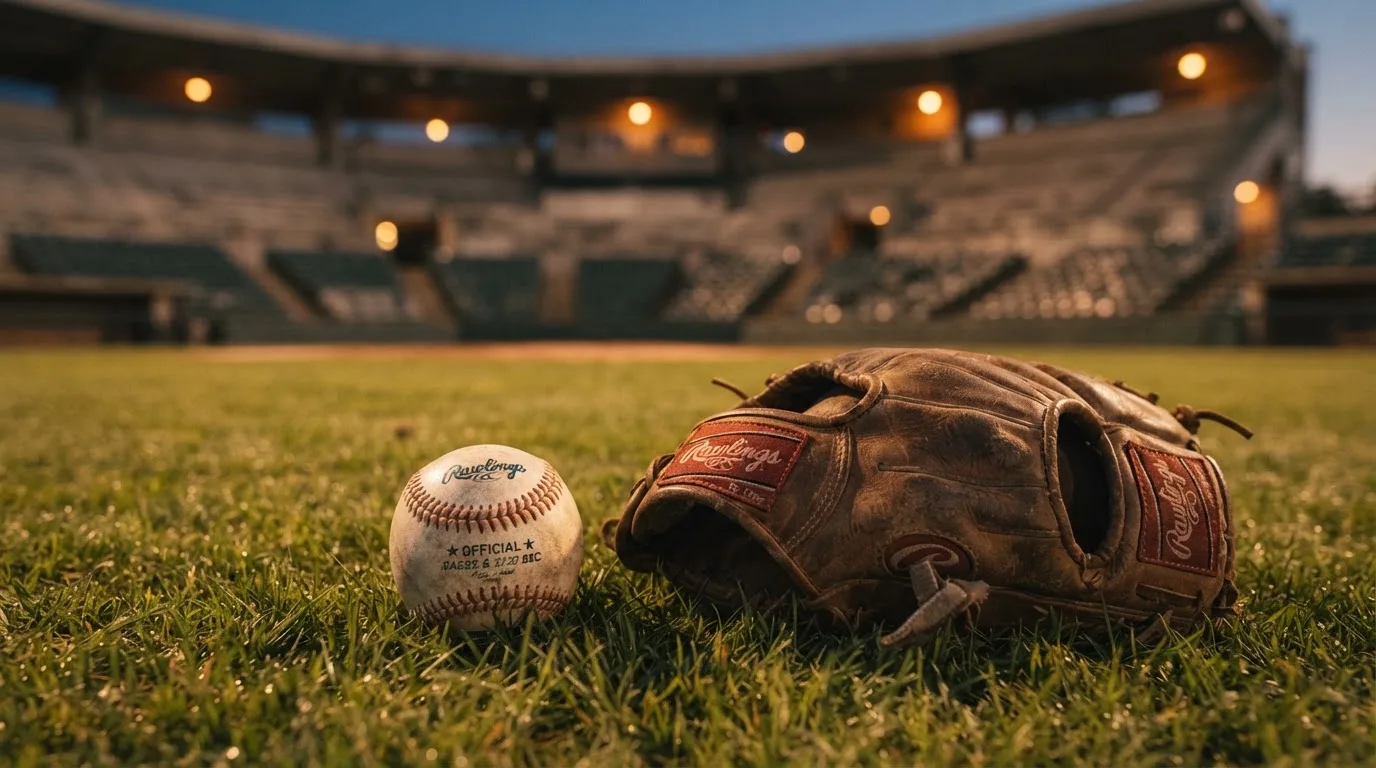 Ein Baseball liegt auf dem Rasen neben einem Lederhandschuh ohne Aufschrift, im Hintergrund eine leere Tribüne im Abendlicht.
