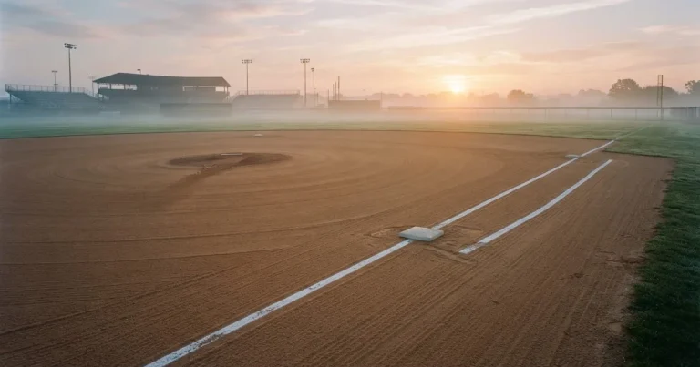 Ein leeres Baseballfeld mit Sandfläche, Basen und weißen Linien in der Morgendämmerung, über dem Rasen liegt leichter Nebel.