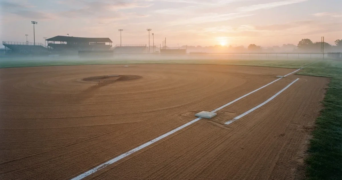 Ein leeres Baseballfeld mit Sandfläche, Basen und weißen Linien in der Morgendämmerung, über dem Rasen liegt leichter Nebel.
