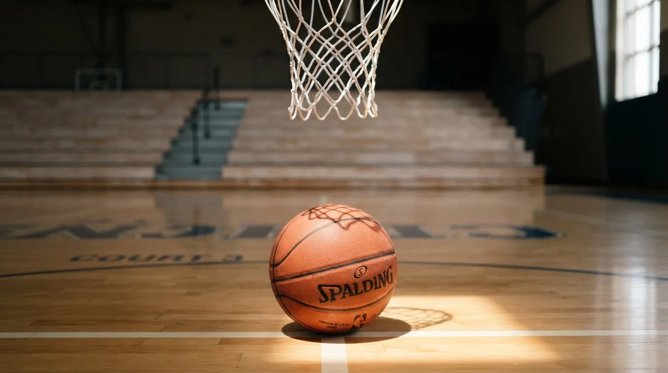 Ein orangefarbener Basketball liegt auf einem Hallenboden unter dem Netz eines Korbs, im Hintergrund unscharf leere Sitzreihen.
