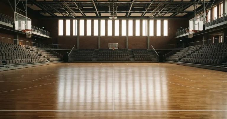 Ein leeres Basketballfeld in einer Halle mit glänzendem Parkett und einem Korb, durch hohe Fenster fällt Tageslicht.