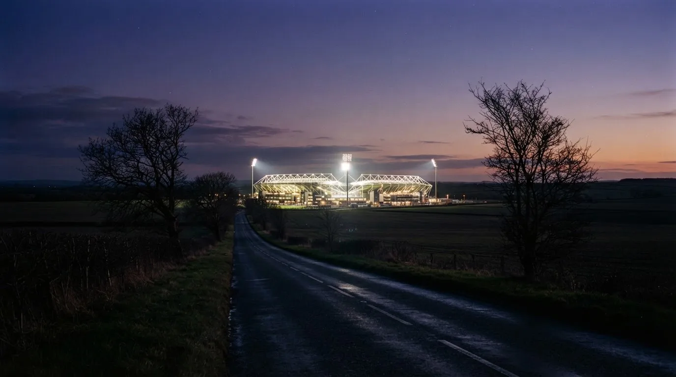 Ein Stadion unter Flutlicht aus großer Entfernung gesehen, davor eine dunkle Landstraße und einzelne Bäume in der Dämmerung.