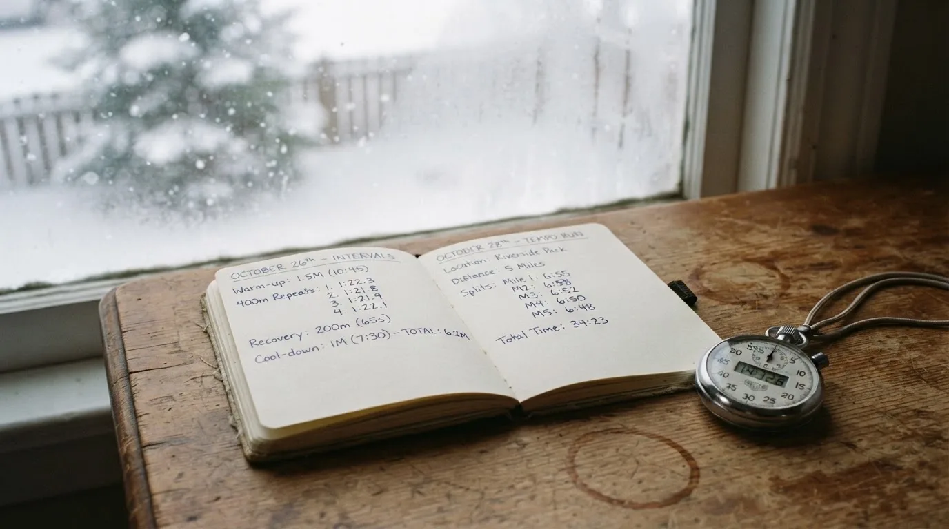 Ein Notizbuch mit handschriftlichen Zeiten liegt neben einer Stoppuhr auf einem Holztisch, draußen vor dem Fenster fällt Schnee.