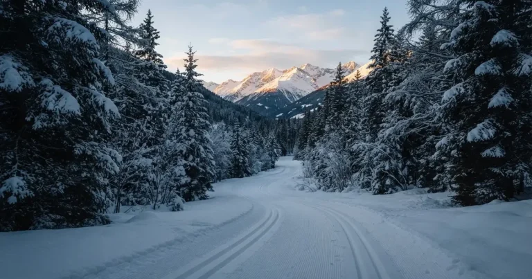 Eine verschneite Loipe im Morgenlicht mit gespurter Spur, im Hintergrund dunkler Nadelwald und eine Bergkette ohne Menschen.