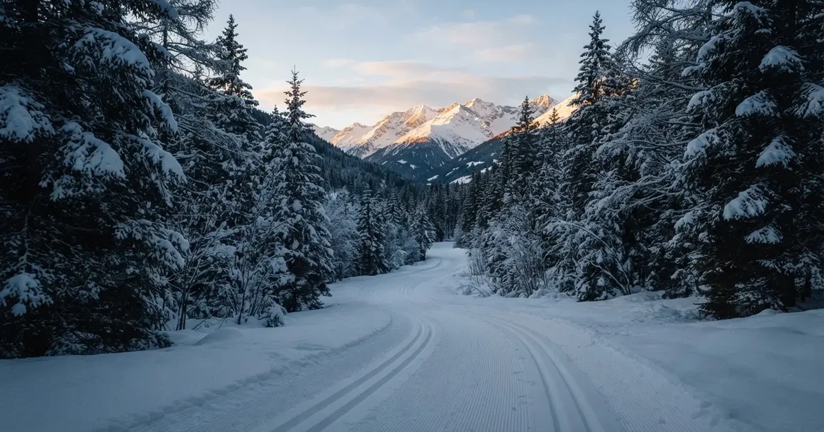 Eine verschneite Loipe im Morgenlicht mit gespurter Spur, im Hintergrund dunkler Nadelwald und eine Bergkette ohne Menschen.