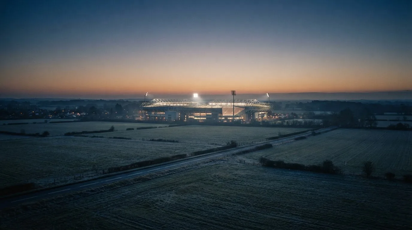 Ein Fußballstadion unter Flutlicht aus großer Entfernung gesehen, davor Felder und eine ruhige Straße in der Dämmerung.