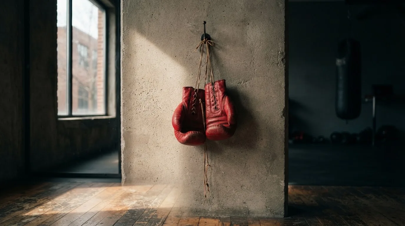 Ein Paar Boxhandschuhe hängt an einem Haken in einer leeren Trainingshalle, durch ein Fenster fällt Tageslicht auf den Boden.