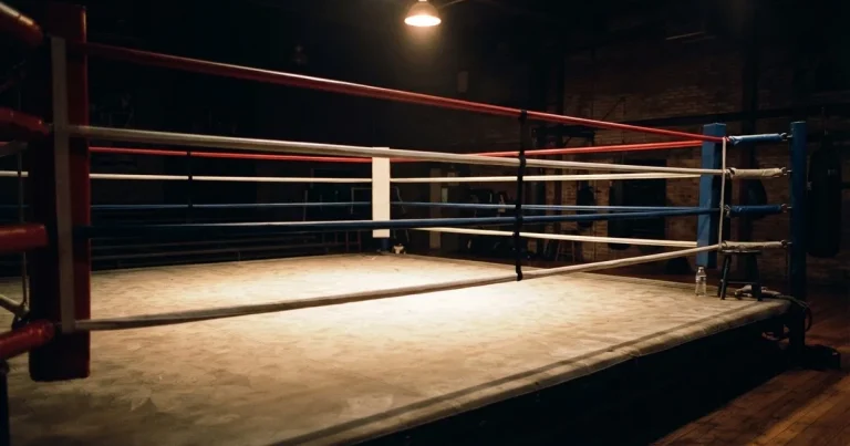 Ein leerer Boxring mit gespannten Seilen unter einer Hallenlampe, der Ringboden ist im Licht gut zu erkennen, niemand ist zu sehen.