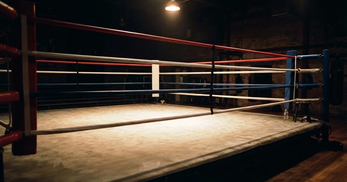 Ein leerer Boxring mit gespannten Seilen unter einer Hallenlampe, der Ringboden ist im Licht gut zu erkennen, niemand ist zu sehen.