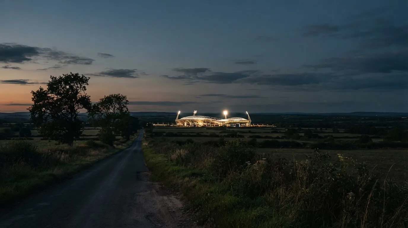 Ein Stadion unter Flutlicht aus großer Entfernung gesehen, davor eine dunkle Landstraße und einzelne Bäume in der Dämmerung.