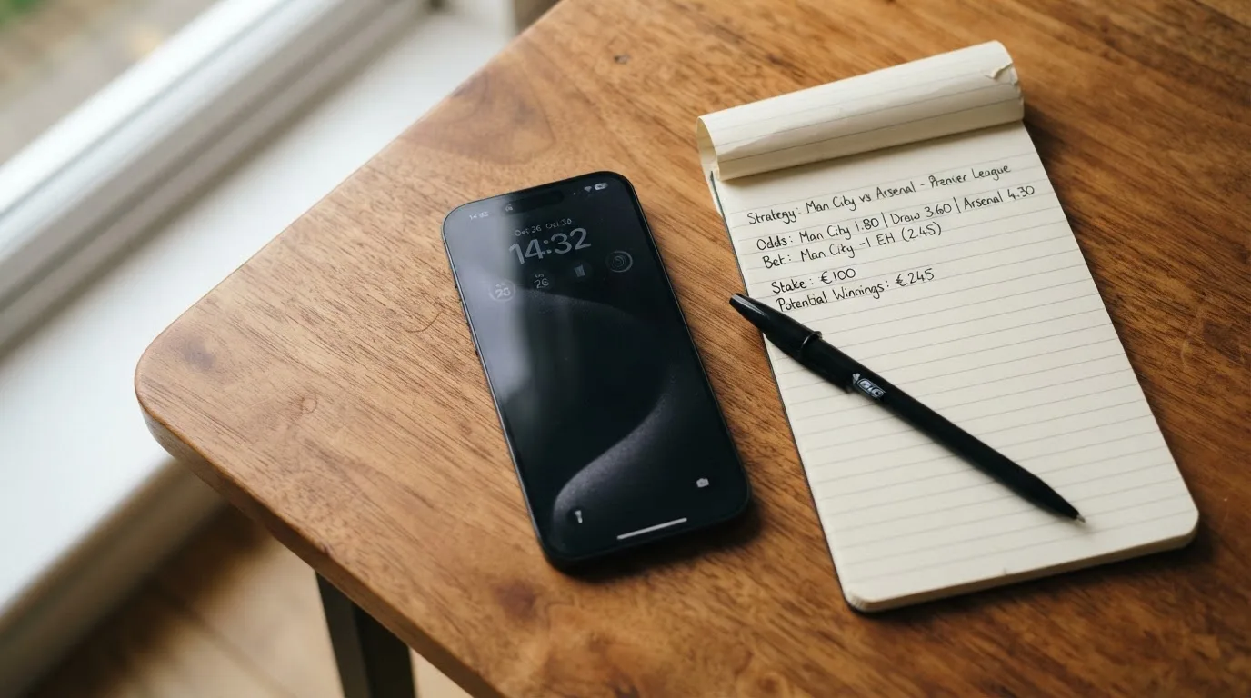 Ein Smartphone mit dunklem Display liegt auf einem Holztisch neben einem Notizblock und einem Stift, Tageslicht von links.