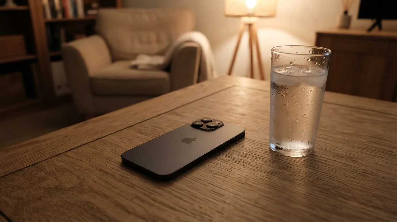 Ein Smartphone liegt mit dem Display nach unten auf einem Holztisch neben einem Glas Wasser, ruhige Abendstimmung in einem Wohnzimmer.