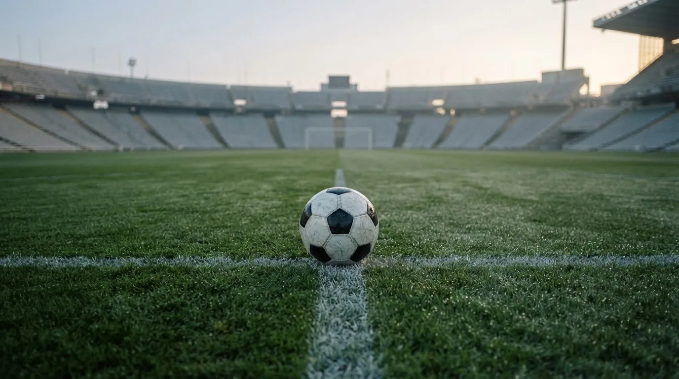 Ein Fußball auf dem Mittelpunkt eines Rasenplatzes, früher Morgen, Tau auf dem Gras, im Hintergrund leere Tribünen.