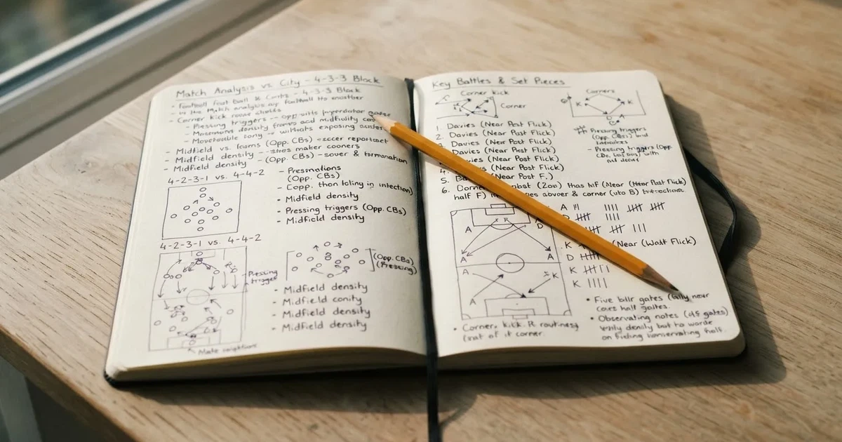 Ein Notizbuch mit handschriftlichen Stichpunkten und kleinen Skizzen liegt neben einem Bleistift auf einem hellen Tisch, Tageslicht von der Seite.
